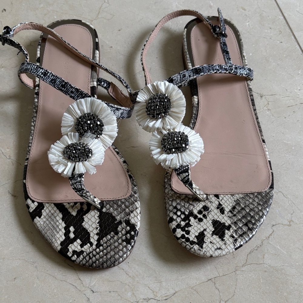Zara Floral Embellished Snake-Print T-Strap Sandals in Black, White